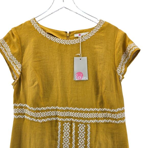 Boden Shift Dress Women 10 NEW 100% Linen Shift Mini Tuscan Yellow Embroidered - Picture 5 of 13